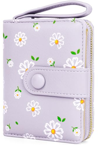 Busnos Purses for Women Ladies Purse mit Credit Card Holder Small Womens Wallet with Cute Daisy Design | Purple Bifold Wallet with Card Holder & Coin Pocket | Multiple Card Slots