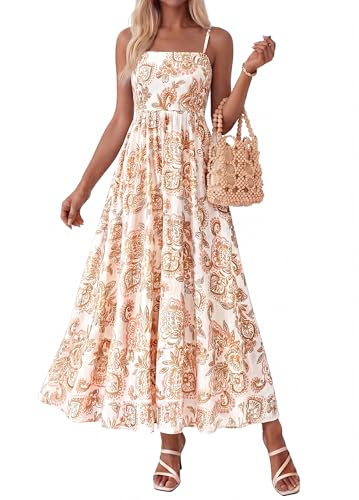 PRETTYGARDEN Women Summer Maxi Dresses 2026 Spaghetti Strap Boho Floral Striped Wedding Guest Beach Vacation Flowy Long Dress(White Khaki Flower,Large)