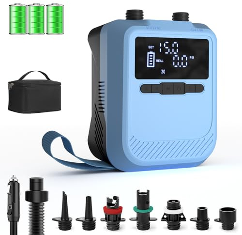 Bomba Eléctrica Sup 20PSI con Luz, Recargable, 5 Modos+Modo Personalizado, Inflado Rápido Doble Etapa y Apagado Automático con Carga 12V DC para Sup, Tienda, Colchón