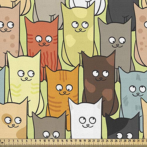 ABAKUHAUS Katzen Gewebe als Meterware, Lustige niedliche farbige Karikatur, Schön Gewebten Stoff für Polster und Wohnaccessoires, 1M (148x100cm), Gelb Grün