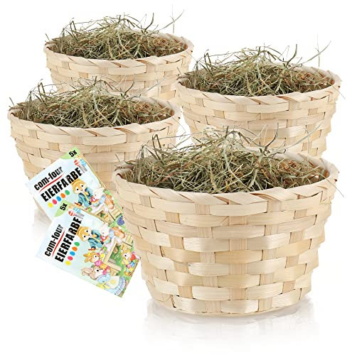 com-four® 4X Osterkörbchen mit Deko Gras und Eierfarbe - Osterkörbe mit echtem Bergwiesenheu - Bastkorb mit grünem Ostergras als Dekoration zu Ostern (Set Natur braun 4)