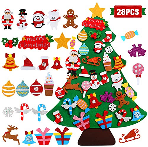 FengRise Árbol De Navidad De Fieltro De Bricolaje, 3.3ft Árbol De Navidad Para Niños Con 28 Piezas Adornos Navideños Desmontables, Decoración Colgante Para Decoración De Pared, Regalos Navidad Niños