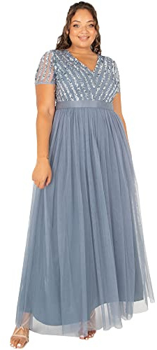 Maya Deluxe Vestido Mujer, Dama de Honor, Cuello En V, Manga Corta, Largo, Elegante, Cintura Imperio, Dusty Azul, 46