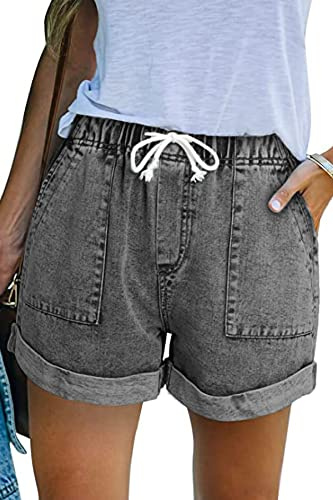 GOLDPKF Womens Denim Jean Shorts Ladies Cotton Casual Elasticated Waist Drawstring Shorts Stretch Summer Hot Pants Grey UK Large