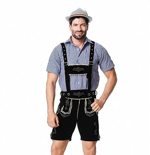 FNKDOR #2 Oktoberfest Herren Kostüm Outfit Trachtenset Herren Komplett Herren Tracht Set Oktoberfest 3 Teiliges Lederhose Herren Tracht Karohemden Trachtenhut Größe M bis XXL (Black, XL)