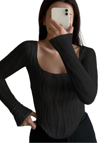 Rongseng T-Shirts à Manches Longues pour Femmes Crop Tops Col Carré Sexy Slim Fit Basic Tops Y2K Cropped Shirt Moulant Haut Court Elegant Chemisiers et Blouses Mode Décontracté Streewear
