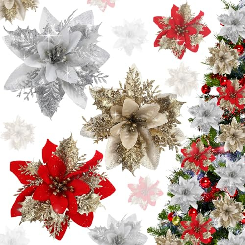AWAVM 15PCS Fiori di Natale Grandi, Fiori di Natale con Paillettes (15 cm) Decorazioni Natalizie per Albero di Natale