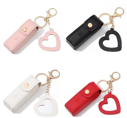 BOSOIRSOU Lipstick Organizer Keychain with Mirror - 4 Pcs PU Chapstick Case Lip Gloss Bag Lip Balm Pouch For Women Travel Party Gift