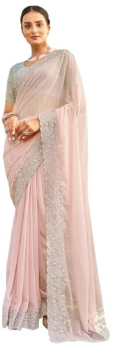 Satrani Georgette Zari arbete broderi sari med osydd blus, Ljusrosa3, One Size