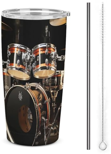 LFDSPYJE Bicchiere da 590 ml in acciaio inox Tazza da viaggio Drum Set Bicchiere isolato Doppia parete Vuoto Tazza da caffè con coperchio di paglia Spazzola per la pulizia Bottiglia termica per auto