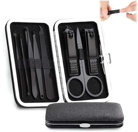 Hsyadazi Set di 8 forbici per manicure, in acciaio inox, per pedicure, per la cura delle unghie, per manicure e pedicure portatile, per viaggi e casa (nero)