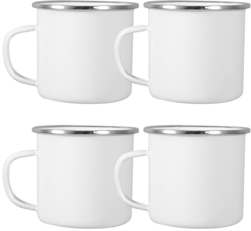 EXHUMKY 4Er-Pack Emaille Campingbecher 11X8.8X8.2Cm Leicht Tragbar Mit Ergonomischem Griff Für Outdoor Reisen Picknick Kaffee Trinkbecher Weiß