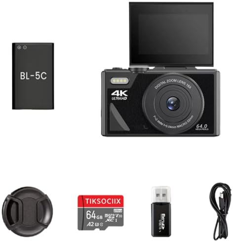 camzoomy kompaktkamera Eine 4K Digitalkamera mit einem 64Megapixel Sensor, einem 3 Zoll Kippbildschirm, Autofokus, Bildstabilisierung und 18fachem Zoom, ideal für Vlogging und Reisen