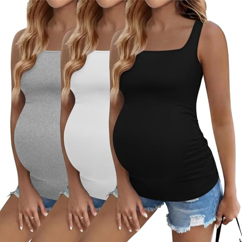Ekouaer Maternity Tank Tops 3 Pack Square Neck Pregnancy Shirts for Women Summer Ruched Side Sleeveless Pregnant Clothes Top Black/Light Grey/White L