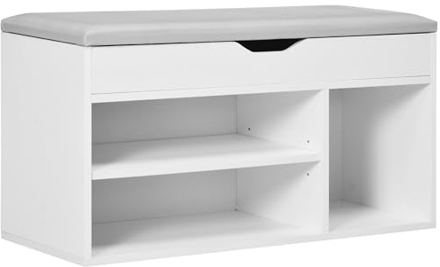 HOMCOM Scarpiera Salvaspazio da Ingresso Imbottita, Mobile da Ingresso con Scarpiera, con 3 Scomparti, Seduta in Pelle PU, per Soggiorno e Corridoio, 80x30x43 cm, Bianco