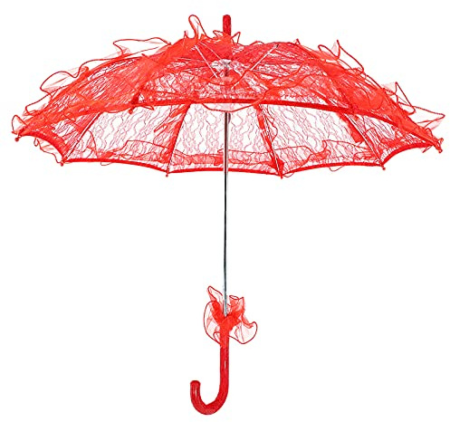 PRTECY Parapluie de Mariée en Coton et Dentelle, Parasol Vintage, Décor Artistique, Parasol de Danse Décoratif pour Fêtes de Mariage, Accessoire de Photographie de Danse(Rouge)