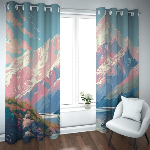 Helle Farben Design Verdunkelungsvorhänge Ruhige Berge und Meer Drucke Fenster Thermovorhänge 2 Paneele für Schlafzimmer Wohnzimmer B140xL350cm