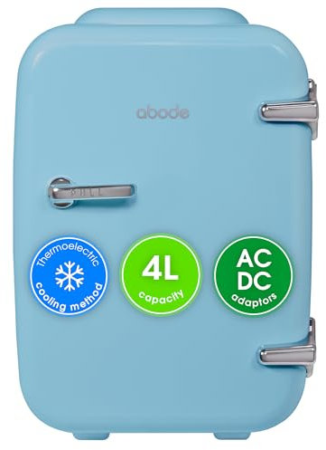 Abode Blue Mini Fridge A4CLR201BL 4L/6 Can Portable Thermoelectric Mini Cooler & Warmer for Drinks, Cosmetics/Makeup/Skincare, AC/DC Power, Retro Style, For Bedroom, Home, Caravan, Car