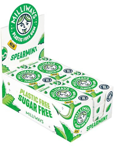 Milliways Spearmint Chewing Gum, Plastic Free, Sugar Free, Aspartame Free, Natural | 12 Packs of 10 Pieces (120 Pieces Total) | Xylitol, Plant-Based, Biodegradable