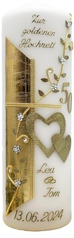 Hochzeitskerze GH-16 zur goldenen Hochzeit in vers. Farben inkl. Namen und Datum HANDARBEIT Geschenkverpackung/Kerzenständer optional