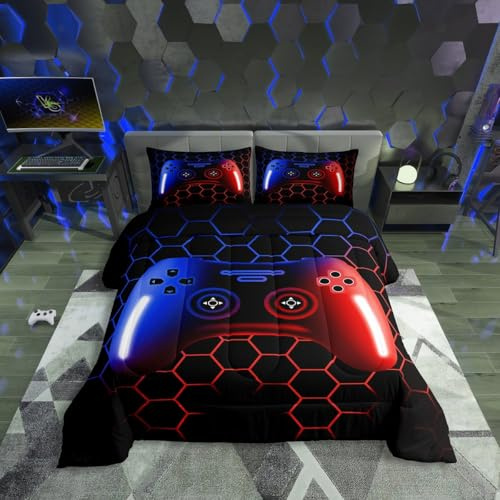 Erosebridal Juego de edredón azul y rojo para niños, juego de ropa de cama de videojuegos, juego de ropa de cama de videojuegos, juego de cama de consola de juegos, juego de edredón de 3 piezas