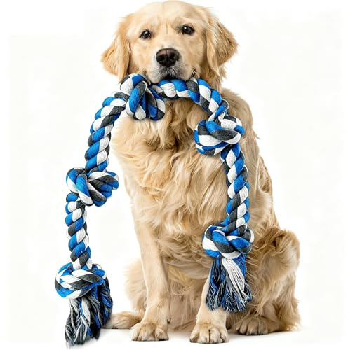 DEERMEI Heavy Duty Dog Rope Toy for Large Dogs – 5 Knots, 95cm Long, 100% Cotton, Durable Chew & Tug Toy for Aggressive Chewers, Teeth Cleaning, Interactive Play
