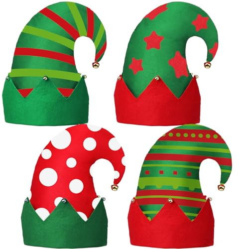 Jamntower 4 Pcs Christmas Elf Felt Hat with Bells Colorful Xmas Hats Unisex Holiday Outfit for Christmas Xmas Party Cosplay(Cute)