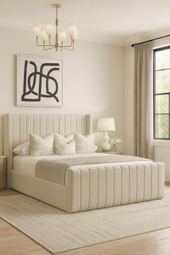 Innovative Wiing Panel Plush Velvet Bed Frame | UK Handmade Royal Design | Optional Gas Lift Storage & Mattress (Cream Plush, Small Double 4ft with Mattress + Gas Lift)