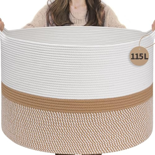 TIMEYARD 115L Large Cotton Rope Basket Storage Blanket Basket White Camel | 60x40cm Laundry Basket Hamper for Blankets, Cushions, Toys and Clothes. Decorative Storage for Living Room and Bedroom
