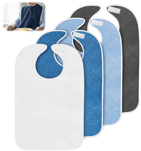 4 Pieces Adult Bibs, 45x75cm Waterproof Washable Eating Bib, for Elderly | Soft Microfibre Material, Adjustable Velcro Fastening for Easy On Off, Reusable & Durable, Large Coverage for Daily Meals