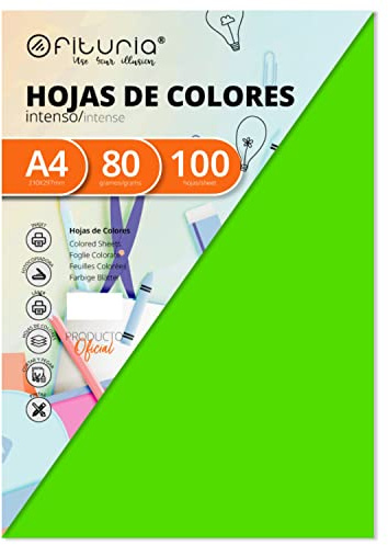 Pack 100 Hojas Color Verde Fuerte Tamaño A4 80g