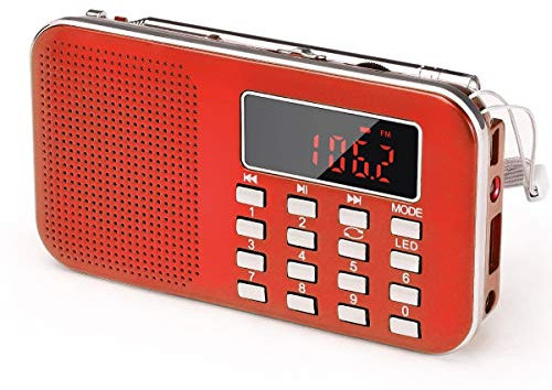 PRUNUS J-908 Radio Portatile Ricaricabile FM/AM(MW),Radiolina Portatili Digitale,Lettore Musicale MP3,Supporto USB/AUX/TF Card, Aggiunta Torcia di Emergenza (Rosso)
