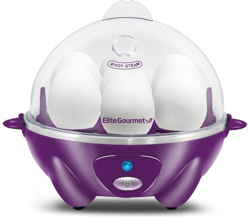 Elite Gourmet EGC007P Rapid Egg Cooker, 7 Easy-To-Peel, Hard, Medium, Soft Boiled Eggs, Poacher, Omelet Maker, Auto Shut-Off, Alarm, 16-Recipe Booklet, Purple