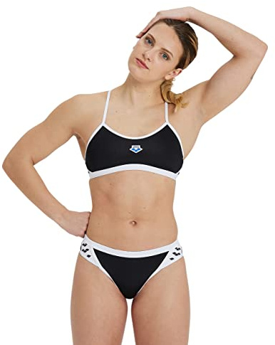 ARENA Performance Women's Icons Bikini Solid Two-Piece Swimsuit Cross Back MaxLife Training Suit Stylish Practice Bathing Suit Beach Swimwear, Black/White Logo, US Size 30
