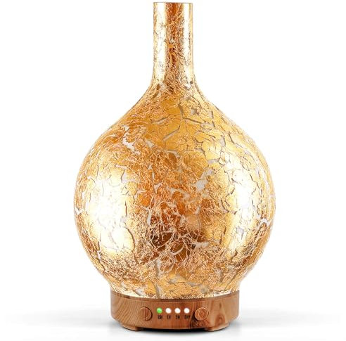 Porseme Difusor de Aroma de Cristal, Chapado en Oro, 100 ml, humidificador ultrasónico silencioso, 7 ledes Que cambian de Color, con Temporizador, humidificador, sin BPA, SPA, Regalo Elegante