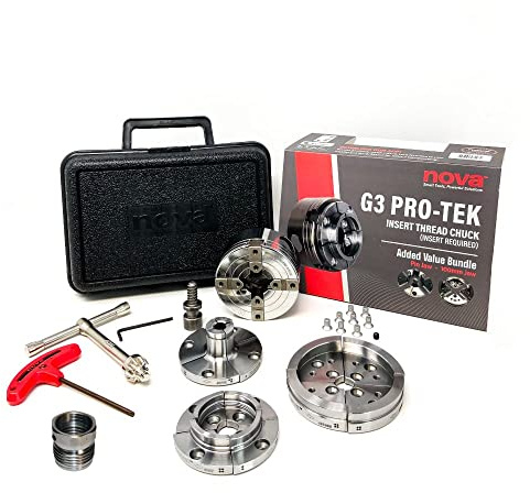 Nova Pro-Tek 48296 G3 Wood Lathe Chuck Kit with 3 jaw sets (2 Standard, 4 Bowl Jaws, and 1 Pin Jaws) insert version, with adapter insert (with ILNS 1-1/4 x 8tpi Insert)