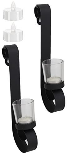 Novaliv 2X Wandkerzenhalter + 2X LED Teelichter 9 x 5,5 x 28 cm Schwarz Metall Kerzenhalter Dekoration Wanddeko Vintage Deko Teelicht LED Licht Wandhalter