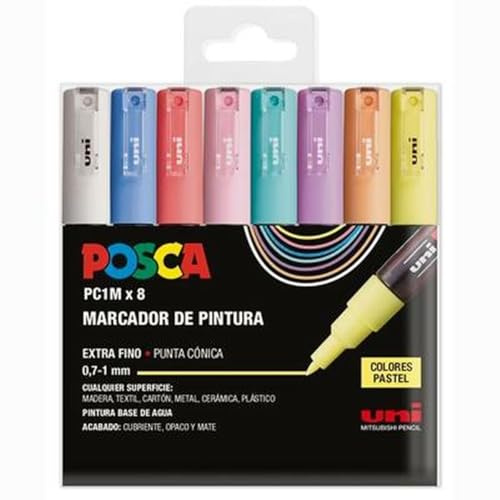 UNI Posca Etui mit 8 Markern, PC1M, pastellfarben, kegelförmig, extra dünn