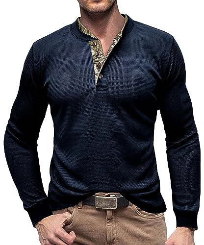 RQPYQF Maglietta da Uomo Manica Lunghe Casuale Henley Shirt Uomo t Shirt Vintage Uomo CS04 Taglia S-XXL (Blu Scuro, M)