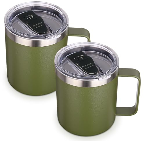 Volhoply Termo para Café de Acero Inoxidable 400ml con Asa, Taza para Café Doble Pared de Aislamiento al Vacío, Termos a Prueba de Fugas para Oficina, Camping y Viajes(Verde Militar, 2)