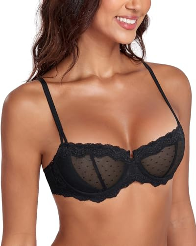 Lemorosy Women's Balconette Push Up Bra Unlined Non-Padded Half Cup Lace Sheer Underwire(Black 34B)