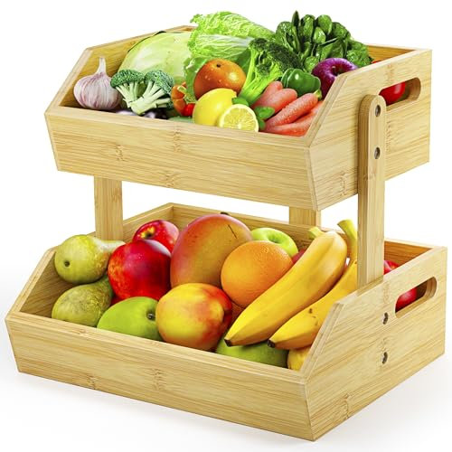 JANSNIMEN 2-Tier Bamboo Fruit Basket, Fruit Basket for Kitchen Fruit Holder, Fruteros Para Cocina, Fruit Bowl for Onion Potato Bread Snack and Kitchen Countertop Organizer