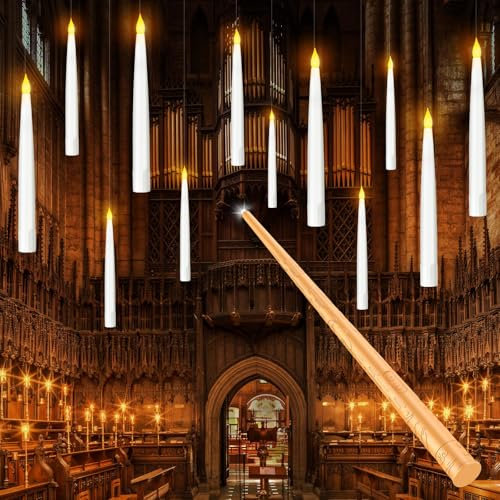 Tyreses 12 Stück Schwebende Kerzen mit Zauberstab Fernbedienung, Fliegende Schwimmende LED Kerzen Flackernde Flammenlose Batteriebetriebene Kerze, Hängende Kegelkerze für Weihnachten Halloween Deko