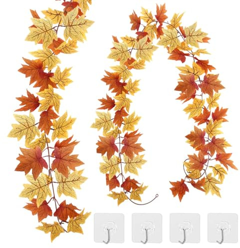 VIDSTW 2 Pièces Guirlande Automne avec 4 Crochets Decoration Automne Interieur Guirlande Feuilles Automne Guirlande D’Automne Deco Automne pour Décorer Thanksgiving Noël (2 Types Feuilles)