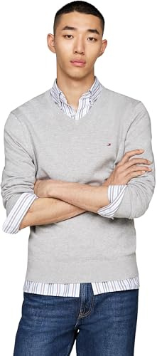 Tommy Hilfiger Pull Homme Essential Cotton Col en V, Gris (Light Grey Heather), M
