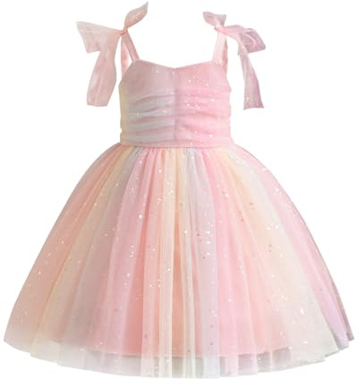 JiAmy Girls' Dresses Bow Straps Tulle Dresses Sequin Spring Flying Sleeves Rainbow Kids Dress for 4-5 Year Old,Pink Rainbow Strap