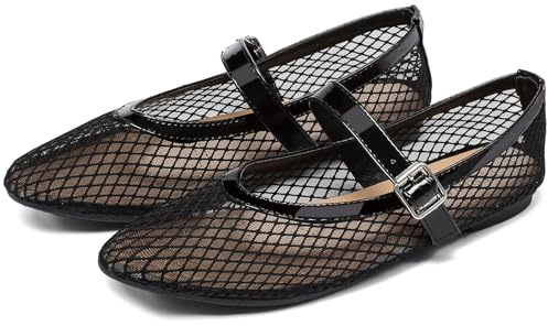 Women's Mesh Ballet Flats Round Toe Fishnet Ballerina Flats Buckle Strap Mary Jane Ballet Flats for Parties or Casual Dress Shoes Black