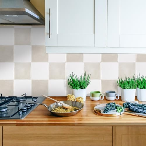 Alwayspon 10 ark 22,9 cm beige vit schackbräde mosaik 3D vinyl väggkakeldekal, avskalning och påklistra, självhäftande, vattentät, stänkskydd, klistermärken för kök, badrum