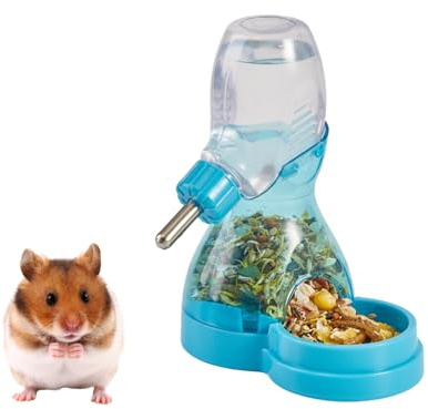 2 in 1 Hamster Water Bottle No Drip with Large Capacity Automatic Food Dispenser Small Animal Feeder for Syrian Dwarf Hamster Mouse Rat Degu (Blue, 3oz)