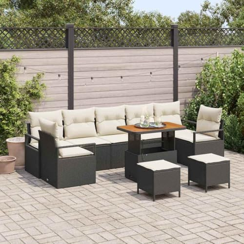 Frdhee Muebles de jardín para terraza, juego de sofás de jardín, 10 unidades, color negro y crema, 90 x 55 x 71 cm, grupo de banco de esquina para balcón, terraza, patio trasero